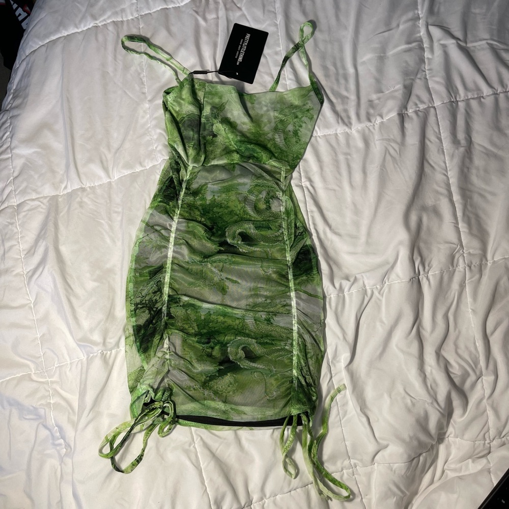 Mesh green dragon print ruched mini dress
